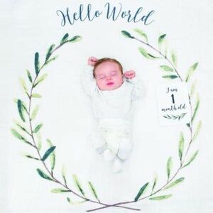 Lulujo "Hello World" Olive Wreath Baby Milestone Blanket EUC